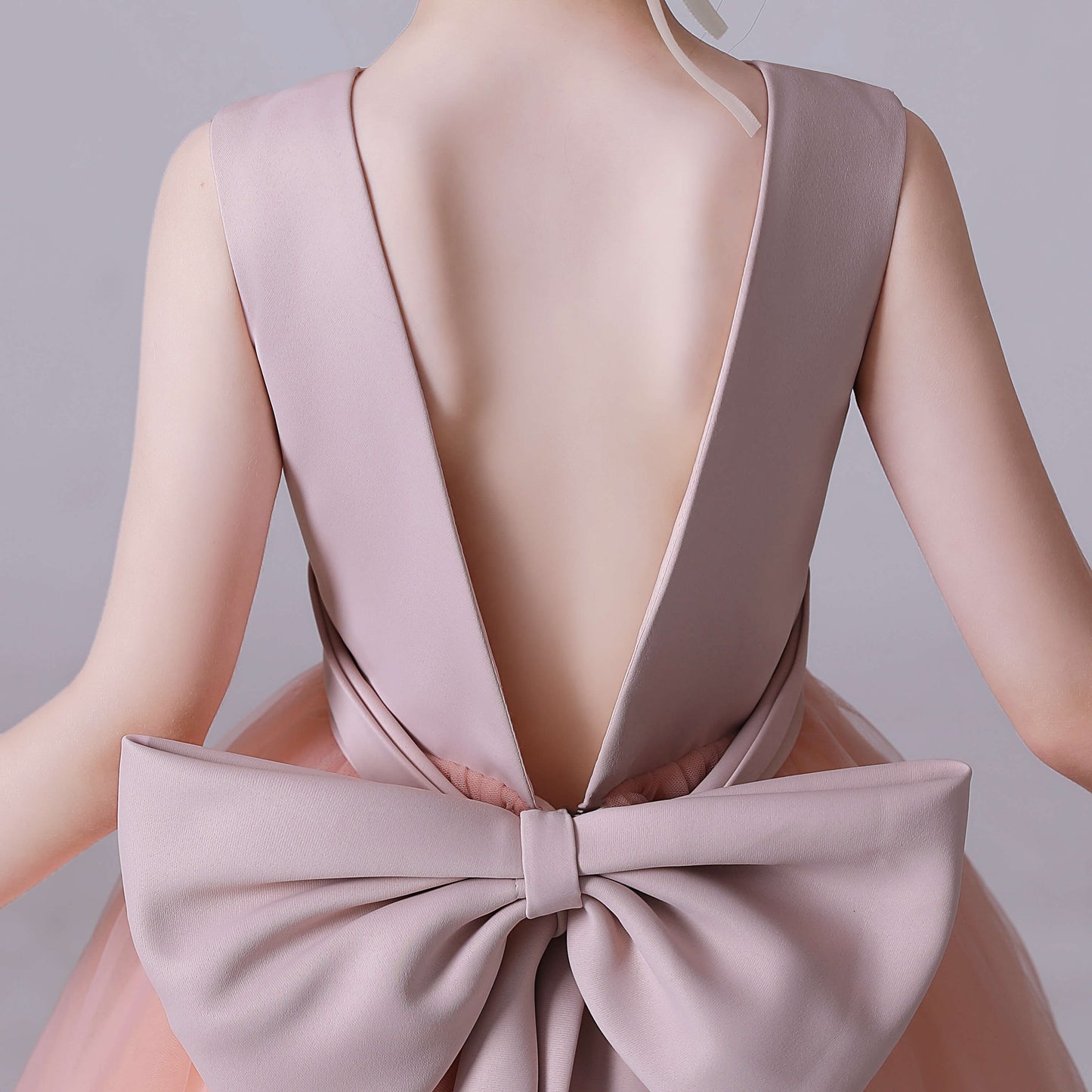 Pink V-Back Tulle Flower Girl Dress With Bow And Pearls