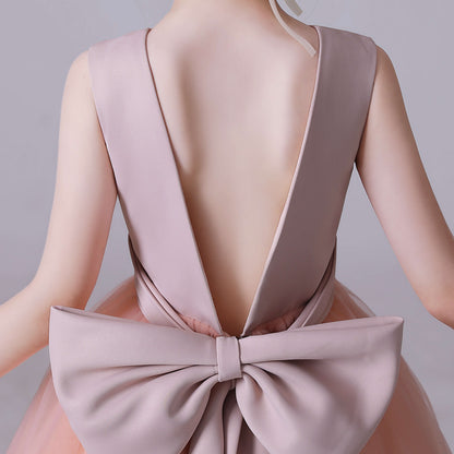 Pink V-Back Tulle Flower Girl Dress With Bow And Pearls