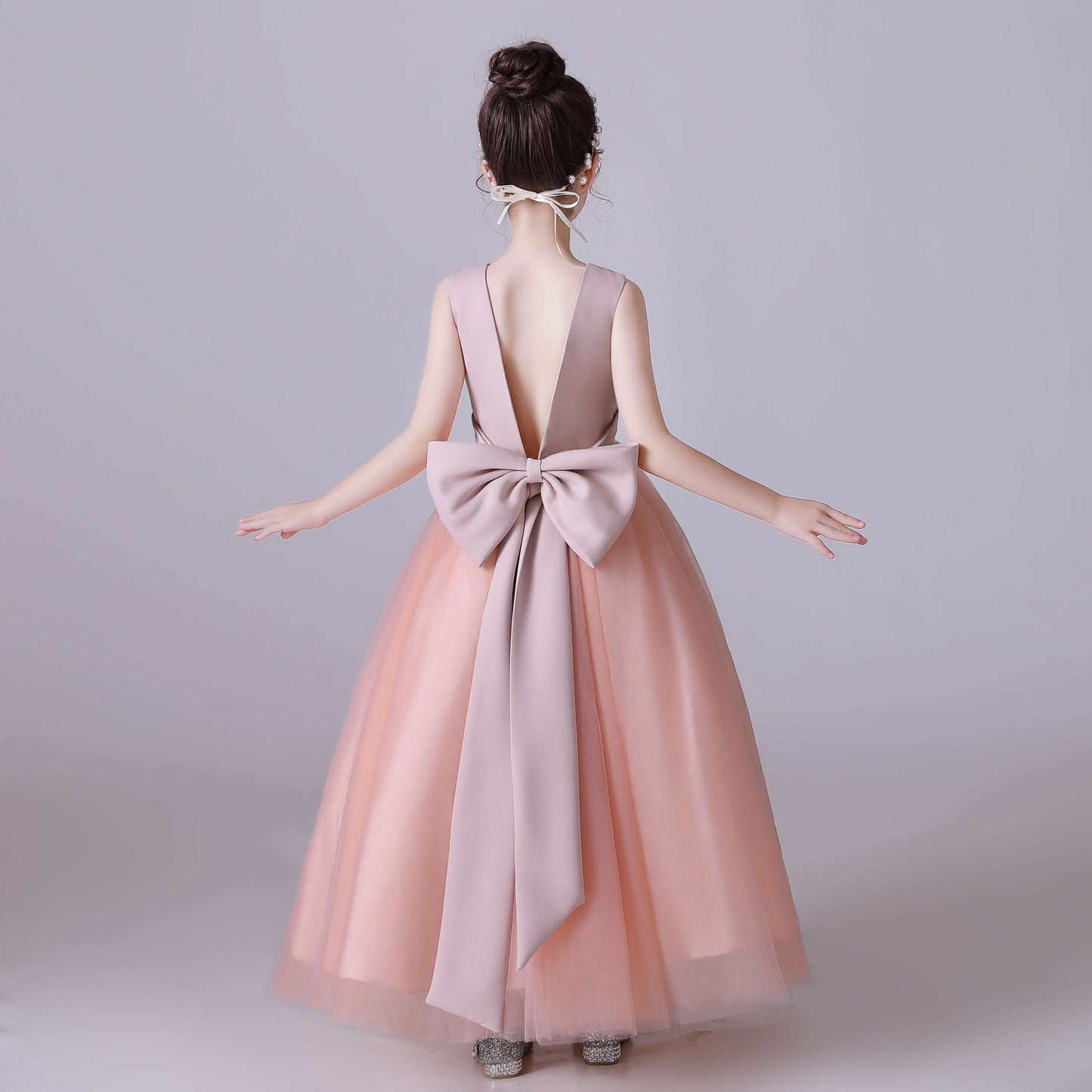 Pink V-Back Tulle Flower Girl Dress With Bow And Pearls