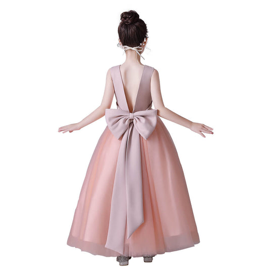 Pink V-Back Tulle Flower Girl Dress With Bow And Pearls