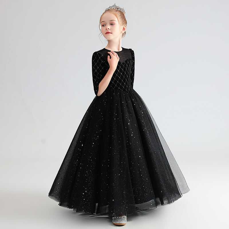 Black Red Velvet Dress For Girls Fancy Shining Stars Dresses Big Bow Girls Party Dresses Tulle Floor Length