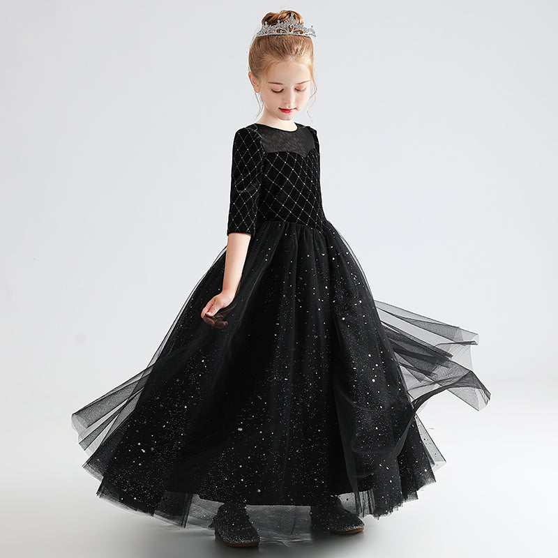 Black Red Velvet Dress For Girls Fancy Shining Stars Dresses Big Bow Girls Party Dresses Tulle Floor Length