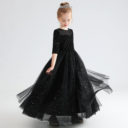 Black Red Velvet Dress For Girls Fancy Shining Stars Dresses Big Bow Girls Party Dresses Tulle Floor Length
