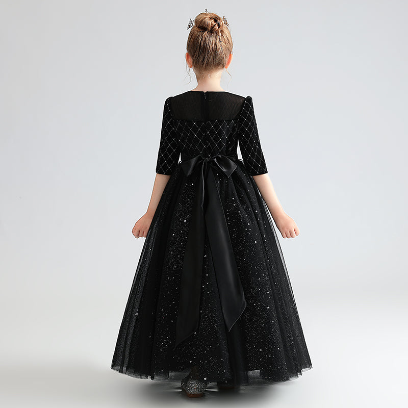 Black Red Velvet Dress For Girls Fancy Shining Stars Dresses Big Bow Girls Party Dresses Tulle Floor Length