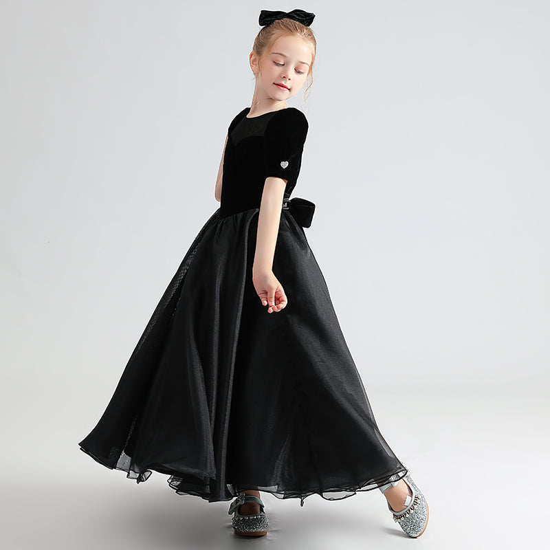 Black Formal Dresses For Teens Velvet Princess Special Occasion Dress Short Sleeve