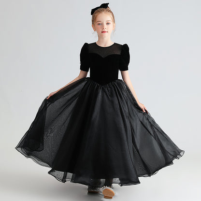 Black Formal Dresses For Teens Velvet Princess Special Occasion Dress Short Sleeve
