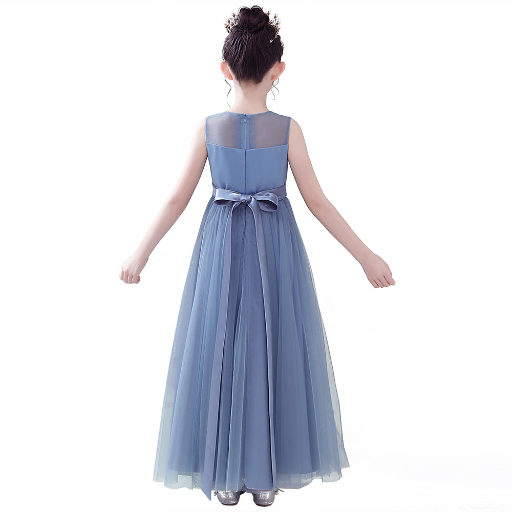 Dideyttawl Dusty Blue Sleeveless Tulle Flower Girl Dress Sheer Neck Junior Bridesmaid Gown Zweitbild