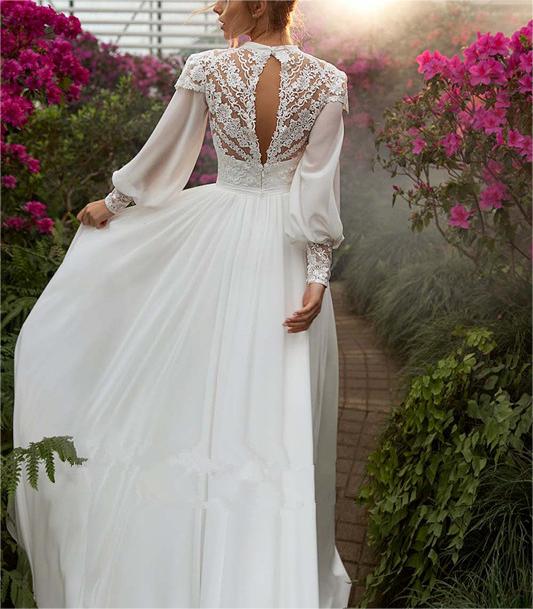 High Neck Chiffon Lace Appliques Bridal Gown 2025 Long Puffy Sleeves Boho Wedding Dresses