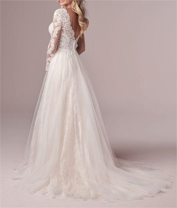 A-Line Lace Tulle Wedding Dress 2025 Boho V-Neck Appliques Bridal Gown Long Sleeve