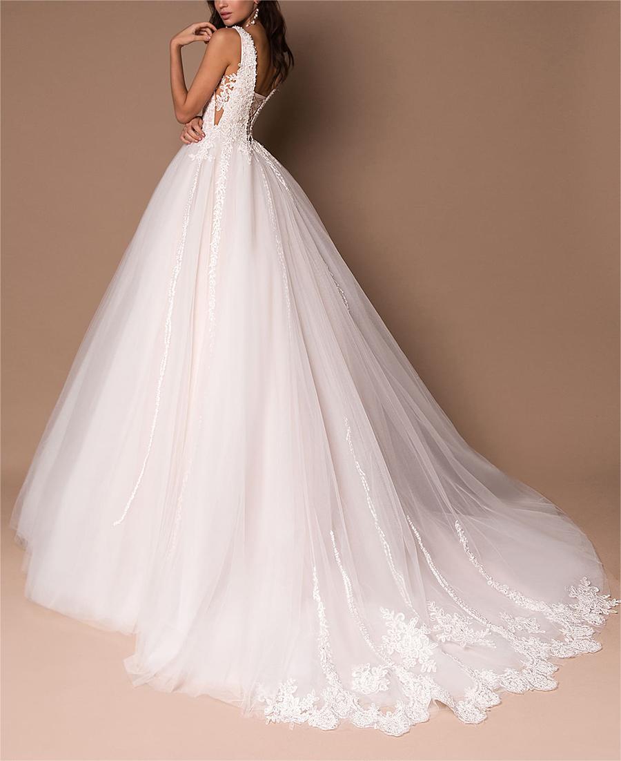 V-Neck Sleeveless Princess Wedding Dresses 2025 Lace Up Beads Applique Bridal Dress Ball Gown
