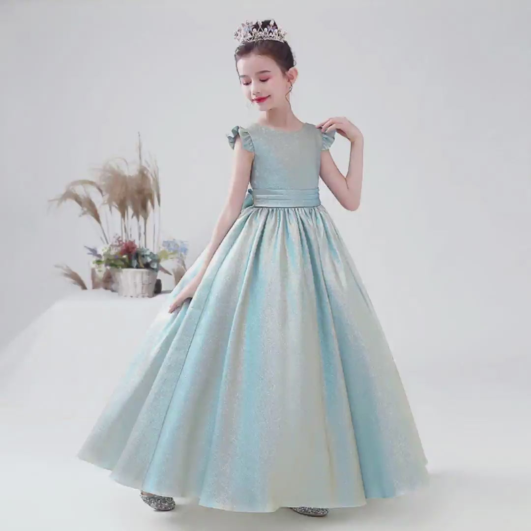 Dideyttawl Satin Girls Formal Dress with V Back Bow Belt