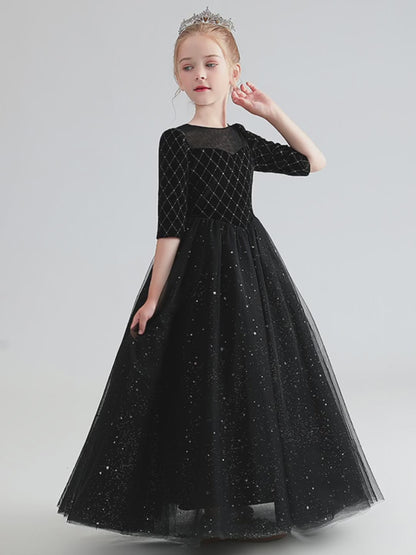 Black Red Velvet Dress For Girls Fancy Shining Stars Dresses Big Bow Girls Party Dresses Tulle Floor Length