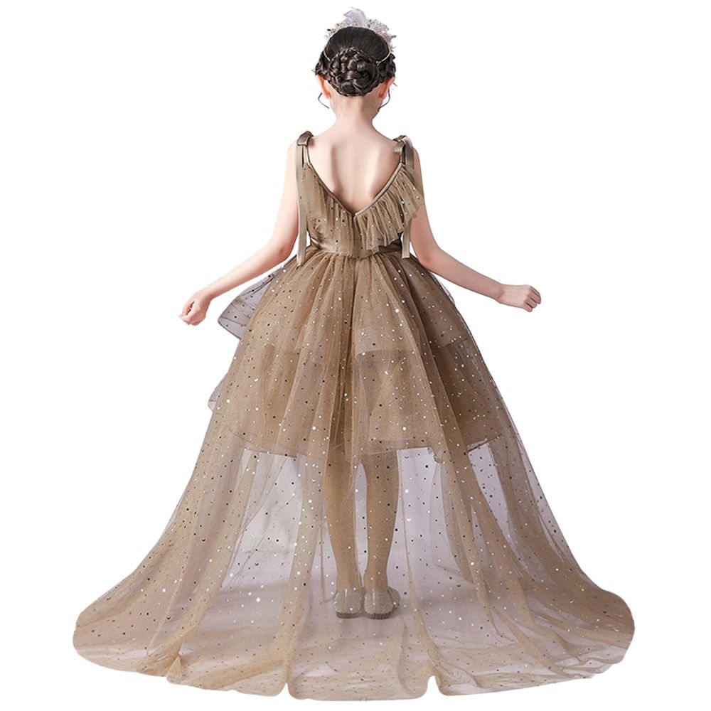 Little Girls V-Neck Special Occasion Dress Girls Fancy Birthday Party Dresses Detachable Trailing Gown