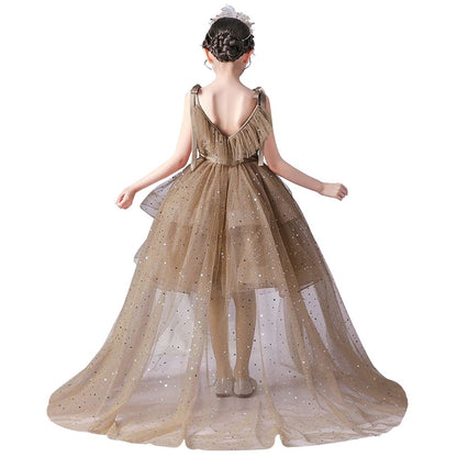 Little Girls V-Neck Special Occasion Dress Girls Fancy Birthday Party Dresses Detachable Trailing Gown