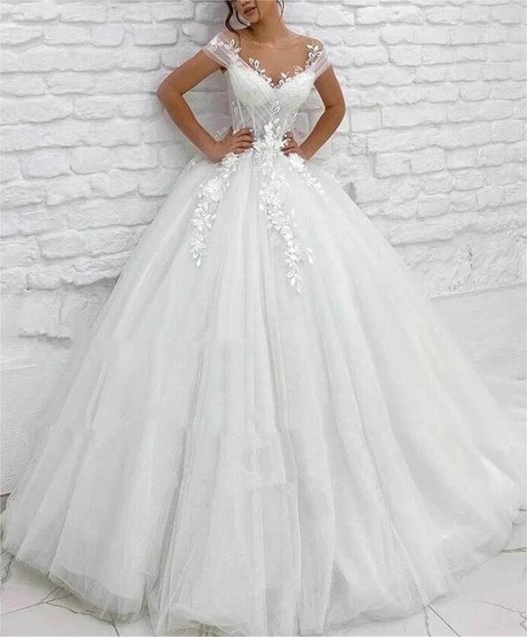 Elegant Lace Appliqued Puffy Tulle Wedding Dress Women 2025 Modern Bridal Beach Tulle Flower Gowns