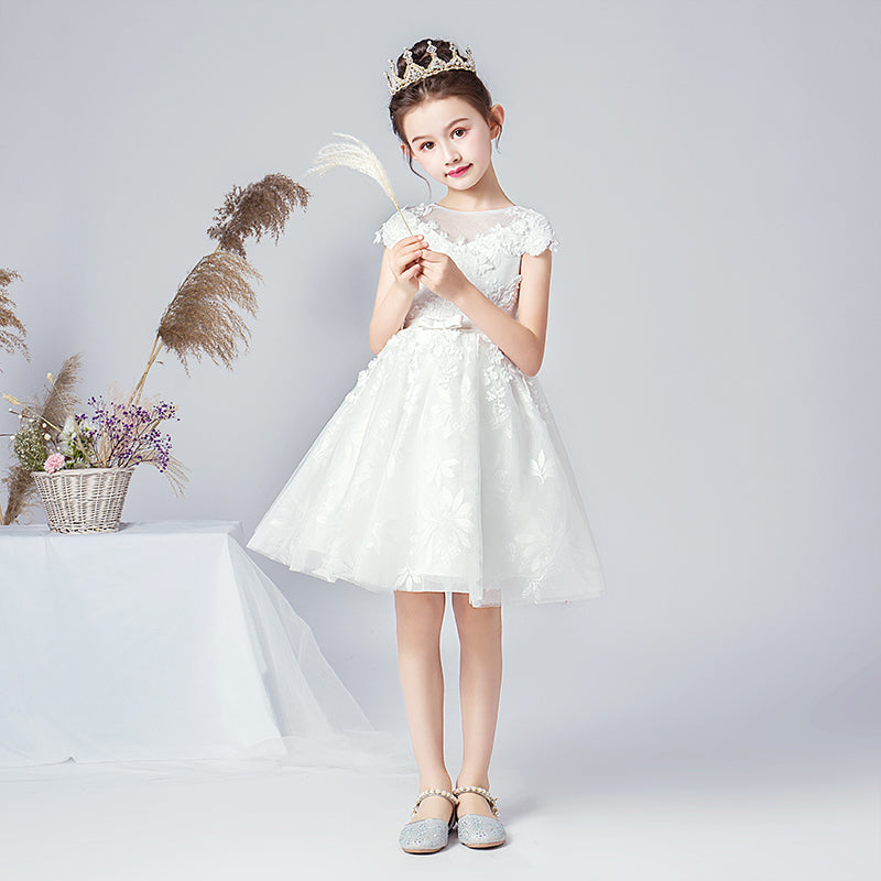 V-Neck Flower Girl Dresses White Lace Appliques Bridesmaid Dress For Wedding Girls Birthday Party Dress
