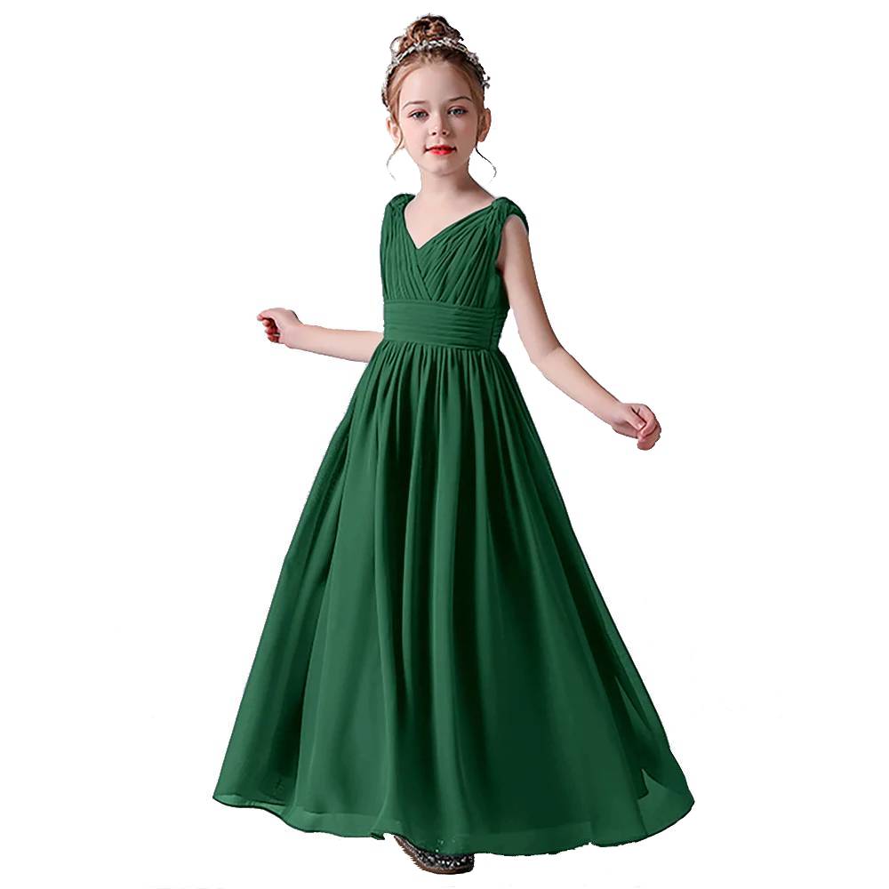V-Neck Junior Bridesmaid Dresses For Wedding Chiffon Pageant Dress Girls Formal Occasion Dresses Full Length