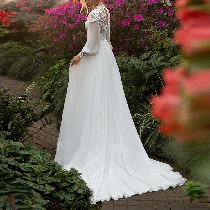 High Neck Chiffon Lace Appliques Bridal Gown 2025 Long Puffy Sleeves Boho Wedding Dresses