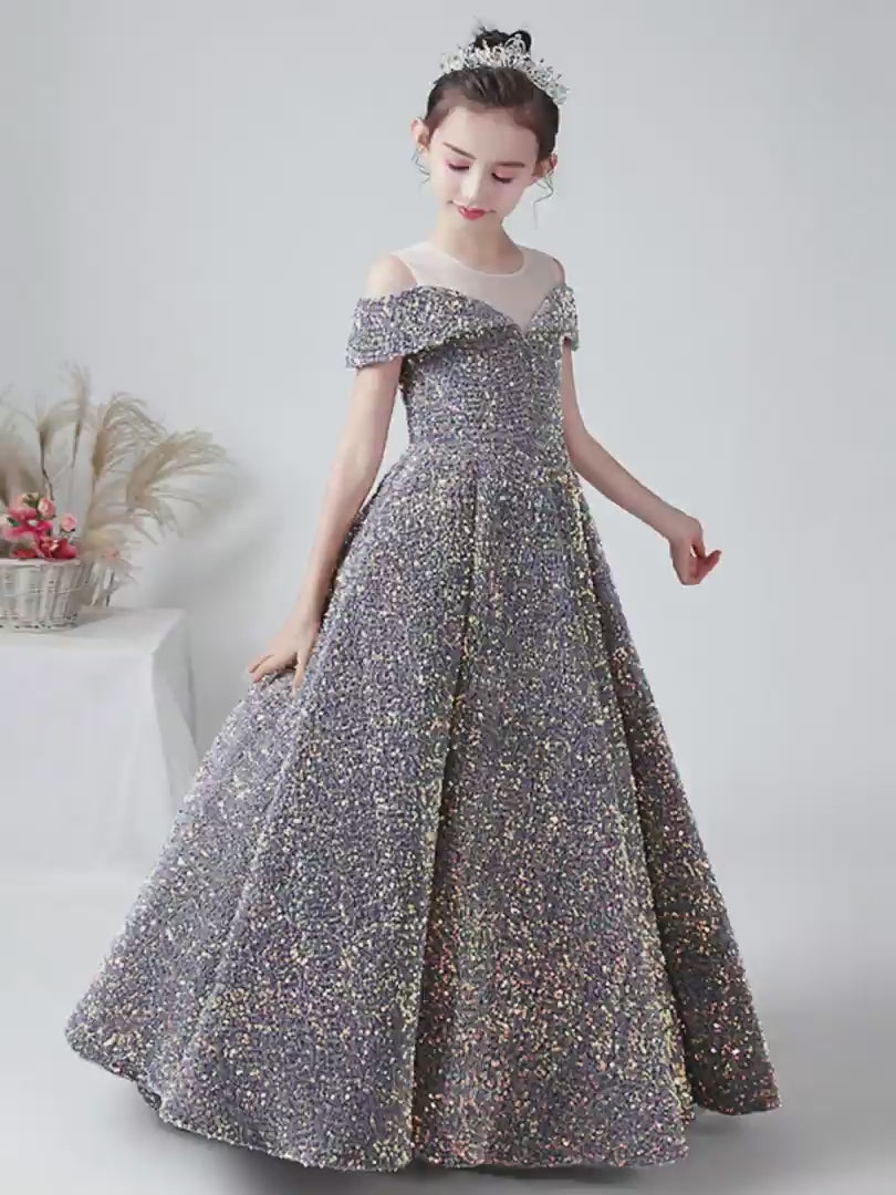 Dideyttawl Girls Princess Dress Off Shoulder Sequin Ball Gown for Wedding Party
