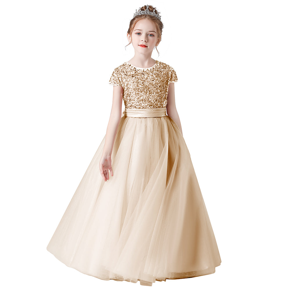 Flower Girl Dresses Sequins Wedding Jr Bridesmaid Puffy Tulle Skirt Girls Birthday Party Princess Dress Floor Length Pageant Gown, Champagne / 4 Flower Girl Dresses Sequins Wedding Jr Bridesmaid Puffy Tulle Skirt Girls Birthday Party Princess Dress Floor Length Pageant Gown, Champagne / 4