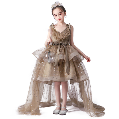 Little Girls V-Neck Special Occasion Dress Girls Fancy Birthday Party  Dresses Detachable Trailing Gown