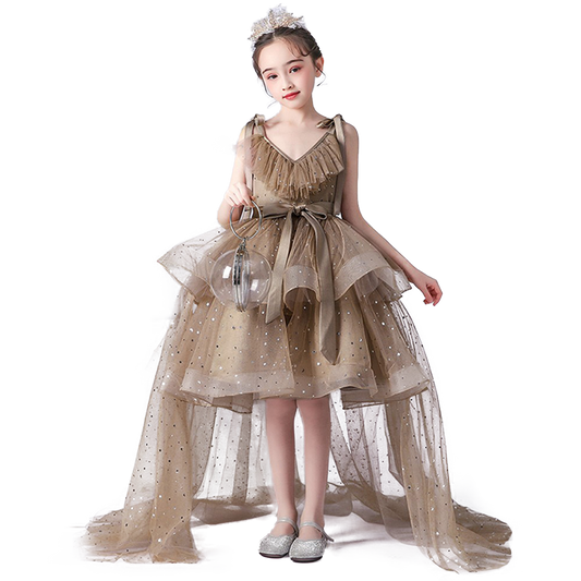 Little Girls V-Neck Special Occasion Dress Girls Fancy Birthday Party Dresses Detachable Trailing Gown