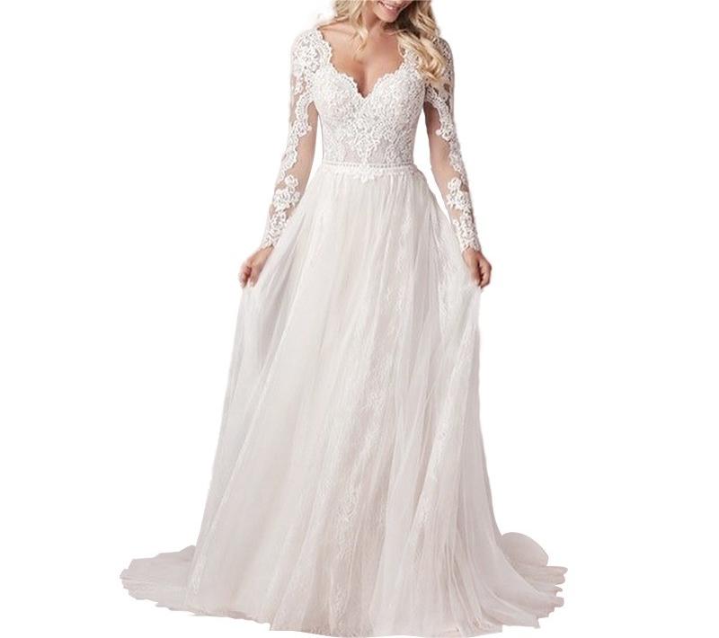A-Line Lace Tulle Wedding Dress 2025 Boho V-Neck Appliques Bridal Gown Long Sleeve