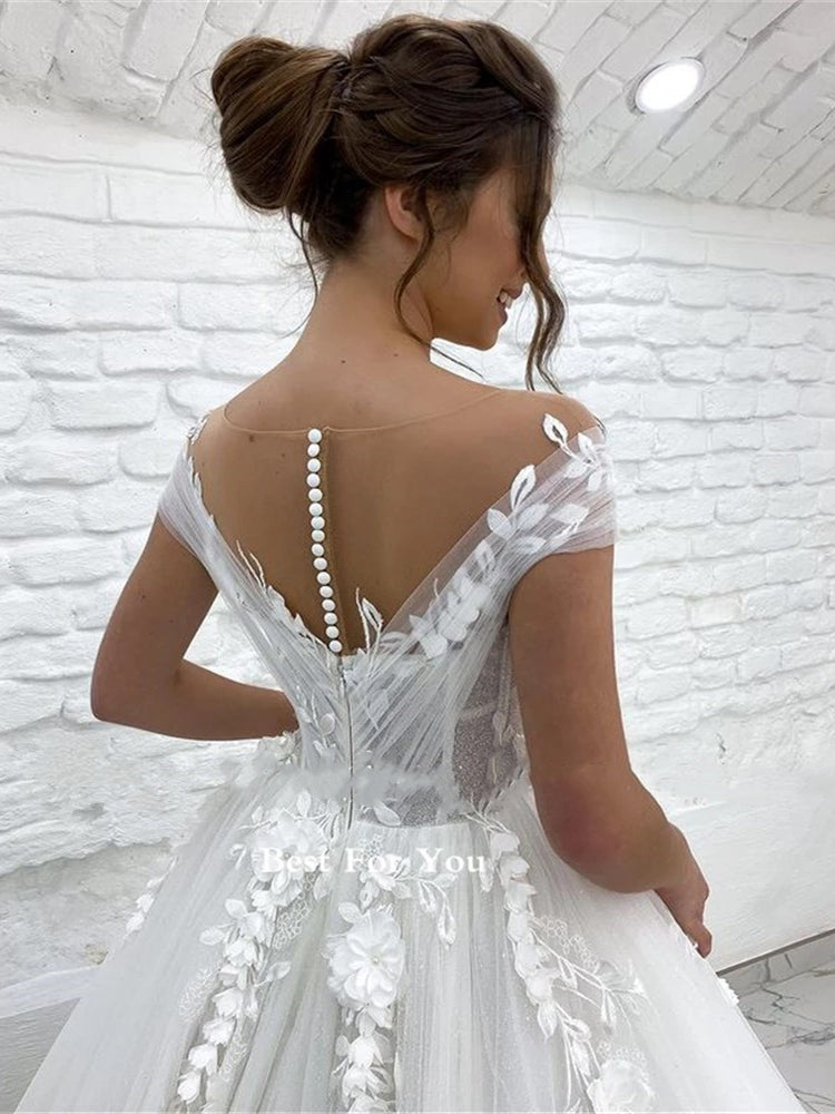 Elegant Lace Appliqued Puffy Tulle Wedding Dress Women 2025 Modern Bridal Beach Tulle Flower Gowns
