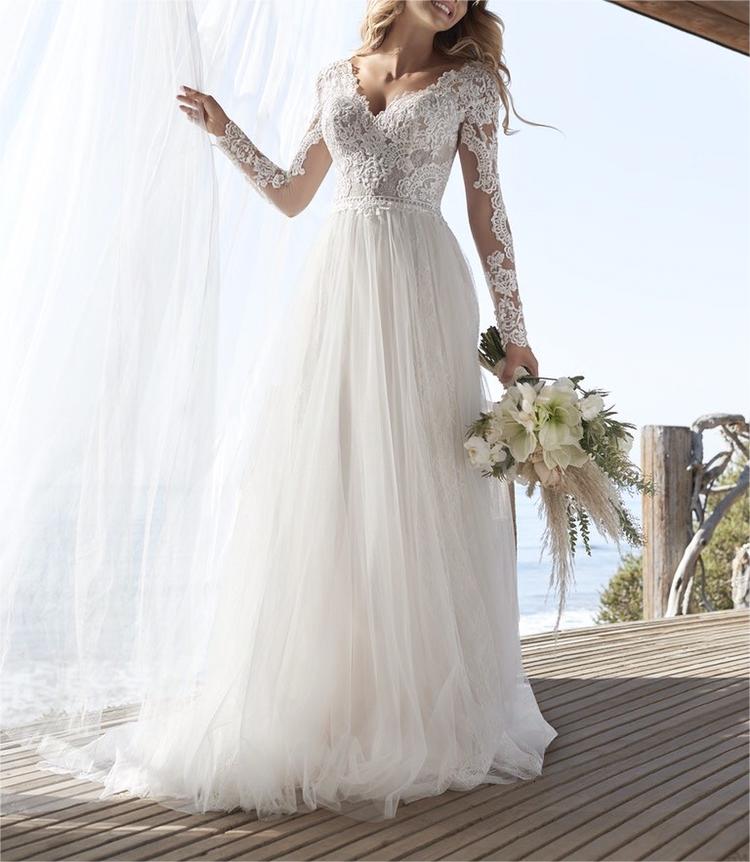A-Line Lace Tulle Wedding Dress 2025 Boho V-Neck Appliques Bridal Gown Long Sleeve