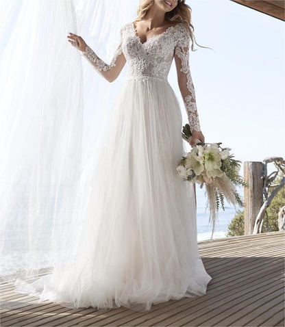 A-Line Lace Tulle Wedding Dress 2025 Boho V-Neck Appliques Bridal Gown Long Sleeve