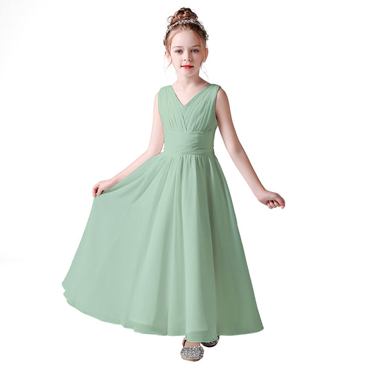 Dideyttawl Little Girls Chiffon Pageant Dress Formal Party Long Flower Girl Dresses Wedding Sleeveless Junior Bridesmaid Dress