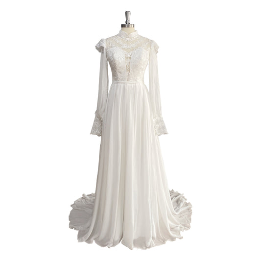 High Neck Chiffon Lace Appliques Bridal Gown 2025 Long Puffy Sleeves Boho Wedding Dresses